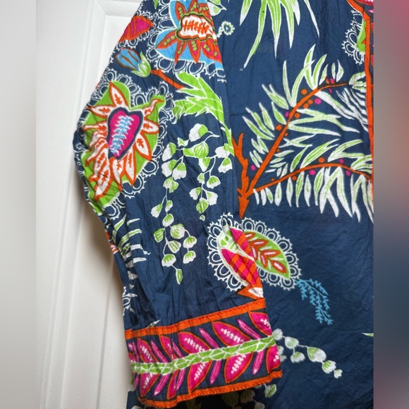 Gretchen Scott SMALL Princess Print Blouse Tunic Floral V Neck Navy Orange BOHO - Picture 3 of 7
